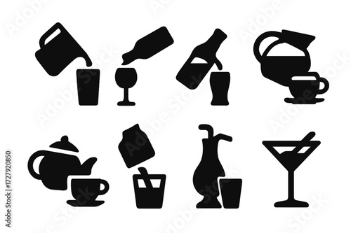 Beverage Pour Icons. Solid, filled icon set of pour beverage types: water pour, wine pour, beer pour, coffee pour, tea pour, juice pour, syrup pour, cocktail
