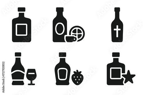 Liqueur Icon Set. Solid, filled icon set of liqueur types: amaretto bottle, coffee liqueur, orange liqueur, herbal liqueur, cream liqueur, fruit liqueur, nut