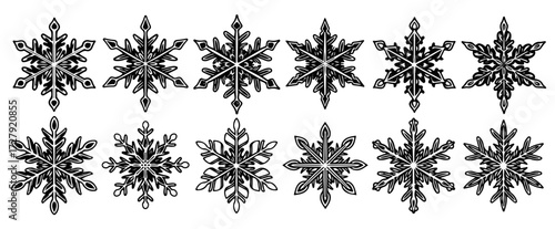 Stunning collection of elegant black and white snowflake designs, perfect for festive winter decorations and seasonal branding