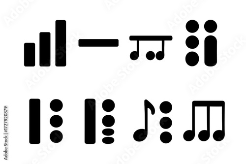 Drumming Fill Icon Set. Solid, filled icon set of fill transitions: buildup fill, release fill, bridge fill, ending fill, start fill, groove fill, syncopation