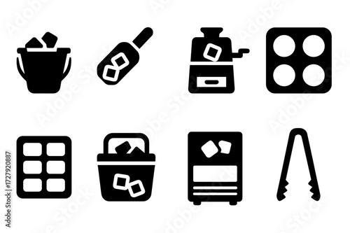 Ice Equipment Icons. Solid, filled icon set of ice equipment: ice bucket, ice scoop, ice crusher, ice mold, ice tray, cooler, ice machine, tongs. Solid, filled