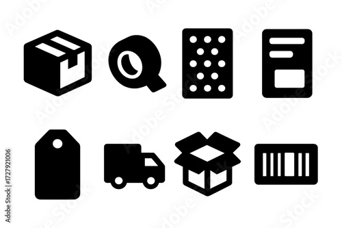 Packing Material Icons. Solid, filled icon set of packing materials: cardboard box, tape roll, bubble wrap, shipping label, parcel tag, delivery truck, open