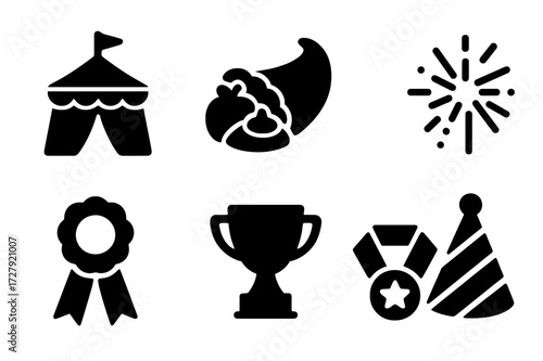 Harvest Celebration Icons. Solid, filled icon set of harvest celebration: festival tent, cornucopia, pumpkin pie, firework, ribbon, trophy, medal, party hat.