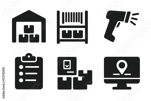 Inventory Icons Set. Solid, filled icon set of inventory tracking: warehouse, barcode rack, parcel shelf, scanner, list clipboard, shipping label, box stack,