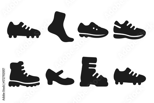 Footwear Icon Collection. Solid, filled icon set of feet sports: cleats, barefoot, soccer shoe, running shoe, hiking boot, dance shoe, ski boot, cycling shoe.