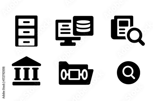 Newspaper Archives Icons. Solid, filled icon set of newspaper archives: filing cabinet, digital database, newspaper stack, magnifying glass, library,