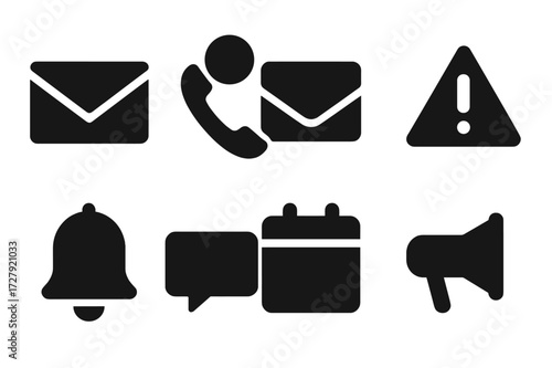 Notification Icons Grid. Solid, filled icon set of default notification: email alert, phone call, letter, warning sign, notification bell, message, calendar