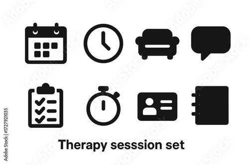 Therapy Session Icons. Solid, filled icon set of therapy sessions: calendar, clock, couch, speech bubble, checklist, timer, appointment card, notebook. [Line