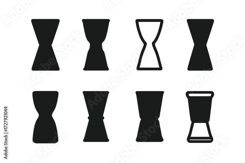 Jigger Icon Set. Solid, filled icon set of jigger materials: stainless steel, copper, glass, plastic, aluminum, brass, silicone, ceramic. Solid, filled icons