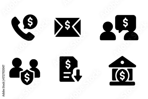 Debt Communication Icons. Solid, filled icon set of debt communication: phone call, email, letter, negotiation, dispute, settlement offer, reminder, legal