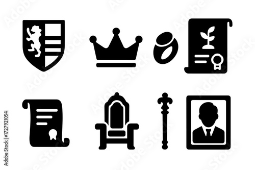 Heir Symbols Icon Set. Solid, filled icon set of heir symbols: family crest, crown, royal ring, inheritance document, scroll, throne, scepter, ancestral
