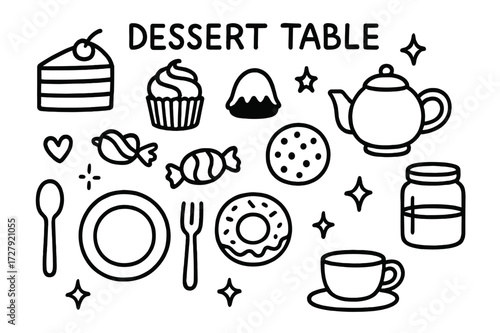 Dessert Table Doodles. Hand-drawn doodle illustration Dessert Table [cake slice, cupcake, truffle, candy, cookie, donut, spoon, fork, plate, cup, teapot, star,