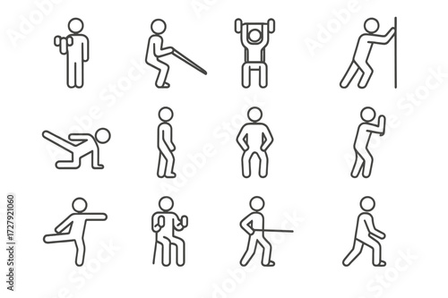 Strength Training Icons. Strength training. Line icon set of strength training: light dumbbell curls, resistance band row, seated overhead press,