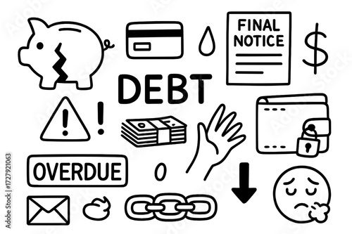 Debt Doodles Chaos. Hand-drawn doodle illustration debt and overdue payments broken piggy bank, credit card, final notice letter, dollar sign, tear, stack of
