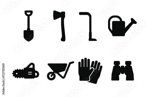Landowner Tools Icons. Solid, filled icon set of landowner tools: shovel, axe, hoe, watering can, chainsaw, wheelbarrow, gloves, binoculars. Solid, filled