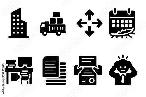 Business Overexpansion Icons. Solid, filled icon set of business overexpansion: growing skyscraper, overloaded cargo, expanding arrows, overflowing calendar,