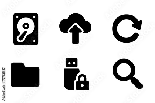 Data Recovery Icons. Solid, filled icon set of data recovery: hard drive, cloud upload, shield with check, refresh symbol, file folder, USB drive, lock,