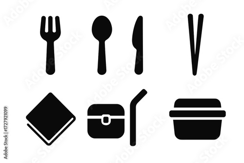 Lunch Utensils Icons. Solid, filled icon set of lunch utensils: fork, spoon, knife, chopsticks, napkin, lunch box, reusable straw, food container. [Line icons