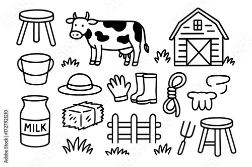 Traditional Dairy Farm Doodles. Hand-drawn doodle illustration Traditional dairy farm Milking stool, cow, barn, bucket, hay, gloves, farmer hat, boots, rope,