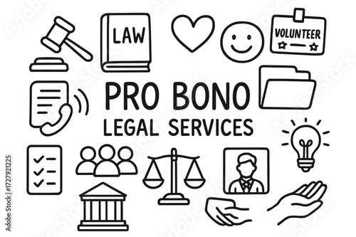 Pro Bono Legal Icons. Hand-drawn doodle illustration Pro bono legal services [gavel, law book, heart, volunteer badge, smiling face, document icon, phone call,