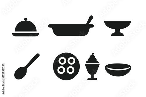 Dish Icon Collection. Solid, filled icon set of dish uses: serving dish, baking dish, mixing dish, display dish, tasting dish, appetizer dish, dessert dish,