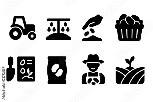 Navy Bean Farming Icons. Solid, filled icon set of navy bean farming: tractor, irrigation system, seed sowing, harvesting basket, soil testing, fertilizer bag,