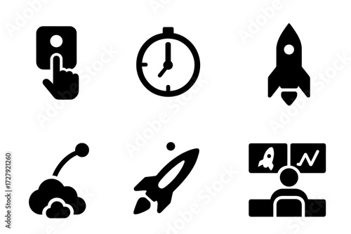 Rocket Launch Icon Set. Solid, filled icon set of rocket launch process: ignition switch, countdown clock, flame, rocket body, smoke, trajectory