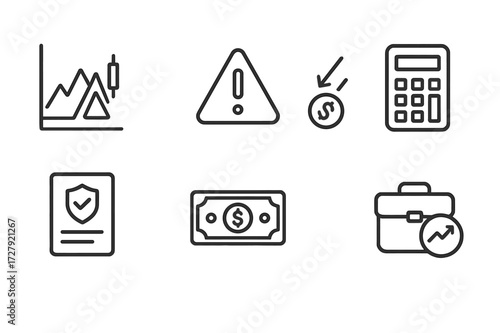 Financial Risk Icons. Outline icon set of financial risk: stock market chart, warning sign, falling coin, calculator, insurance document, dollar bill, safe,