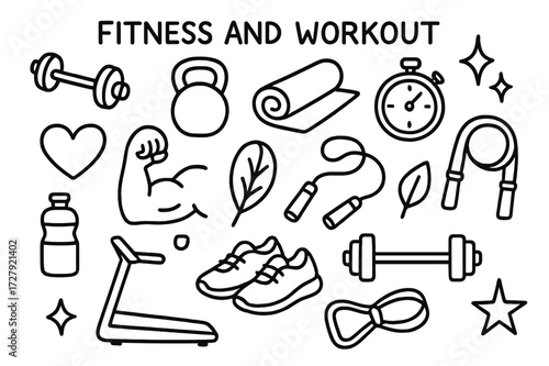 Fitness Doodle Icons. Hand-drawn doodle illustration Fitness and Workout Trends [dumbbell, kettlebell, yoga mat, stopwatch, jump rope, treadmill, water bottle,