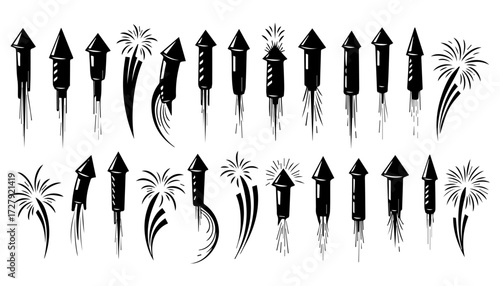 Celebrate with dynamic firework rocket silhouettes exploding in vibrant bursts, perfect for festive occasions and joyful events.