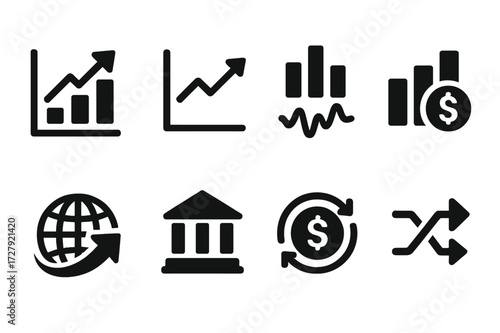 Wall Street Indicator Icons. Solid, filled icon set of Wall Street market indicators: Dow Jones, Nasdaq, S&P , volume, volatility, market cap, index, exchange.