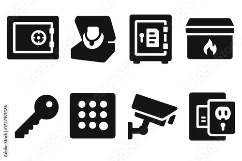 Home Safe Icons. Solid, filled icon set of home vault: wall safe, jewelry box, document safe, fireproof box, key lock, safe code, surveillance camera, hidden