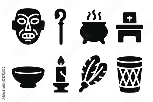 Ceremonial Objects Icons. Solid, filled icon set of ceremonial objects: ceremonial mask, ritual staff, incense burner, altar, sacred bowl, candle, feather fan,