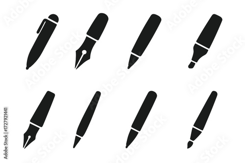 Pen Icon Collection. Solid, filled icon set of pen types: ballpoint pen, fountain pen, gel pen, marker, calligraphy pen, stylus, rollerball pen, brush pen.