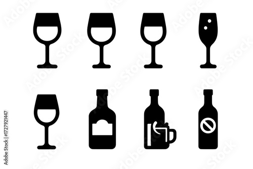 Wine Icon Grid. Solid, filled icon set of wine types: red wine, white wine, rose, sparkling wine, dessert wine, fortified wine, mulled wine, non-alcoholic