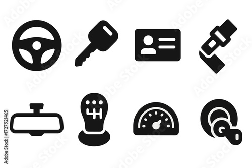 Driver Essentials Icons. Solid, filled icon set of driver essentials: steering wheel, car key, driver's license, seat belt, rearview mirror, gear shift,