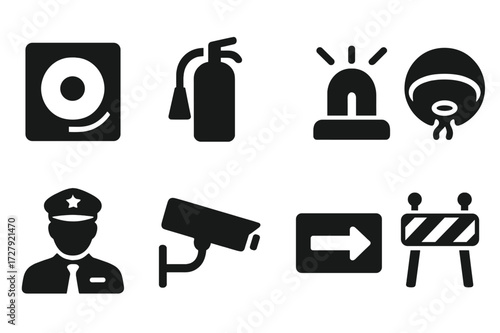 Skyscraper Safety Icons. Solid, filled icon set of skyscraper safety: fire alarm, extinguisher, emergency light, smoke detector, security guard, CCTV camera,