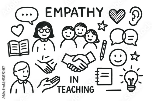 Empathy in Teaching Doodles. Hand-drawn doodle illustration Empathy in teaching chalkboard, teacher figure, students, heart, speech bubble, open book, pencil,