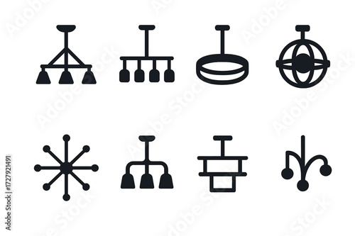 Modern Chandelier Icons. Solid, filled icon set of modern chandelier designs: geometric chandelier, linear chandelier, LED ring chandelier, orb chandelier,