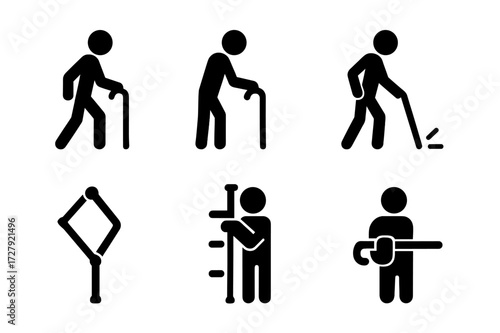 Cane Motion Icon Set. Solid, filled icon set of cane motions: walking with cane, leaning on cane, tapping cane, swinging cane, folding cane, adjusting cane