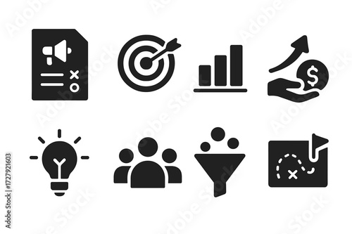 Growth Strategy Icons. Solid, filled icon set of profit growth strategies: marketing plan, target icon, growth arrow, investment, innovation bulb, teamwork,