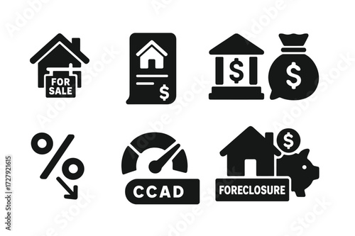 Foreclosure Finance Icons. Solid, filled icon set of foreclosure finance: mortgage, loan, bank, debt, interest rate, credit score, foreclosure sale, savings.
