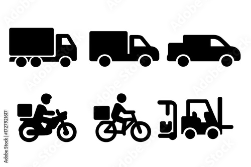 Delivery Vehicle Icons. Solid, filled icon set of delivery vehicles: semi truck, box truck, pickup truck, cargo van, motorcycle courier, delivery bicycle,