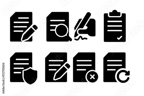 Contract Lifecycle Icons. Solid, filled icon set of contract lifecycle stages: drafting, reviewing, signing, executing, monitoring, amending,