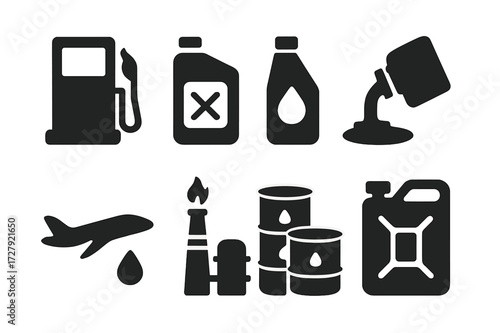 Oil Product Icons. Solid, filled icon set of oil products: gasoline pump, diesel, lubricants, asphalt, jet fuel, petrochemical plant, barrels, fuel canister.