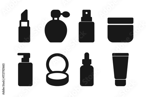 Cosmetic Packaging Icons. Solid, filled icon set of cosmetics packaging: lipstick tube, perfume bottle, spray bottle, jar with lid, pump dispenser, compact