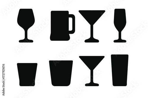 Glassware Icons Set. Solid, filled icon set of glassware types: wine glass, beer mug, cocktail glass, champagne flute, shot glass, tumbler, martini glass,