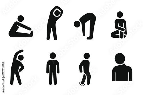 Cool Down Icon Set. Solid, filled icon set of cool down postures: seated stretch, standing stretch, forward bend, spinal twist, side stretch, calf raise, ankle