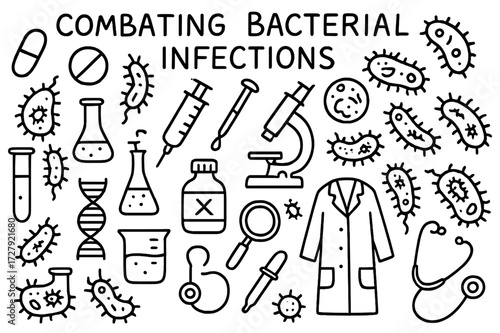 Bacterial Battle Doodles. Hand-drawn doodle illustration Combating bacterial infections Bacteria, capsule, pill, syringe, petri dish, test tube, flask,