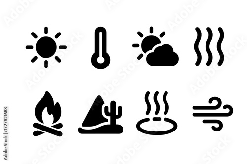 Warming Weather Icons. Solid, filled icon set of warming weather and climate: sun, thermostat, warm cloud, heat wave, campfire, desert, hot springs, warm